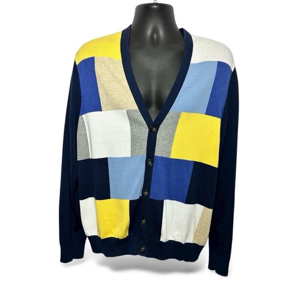 Brooks Brothers Cardigan Sweater Blue Colorblock Patchwork Preppy Grandpa XL - Picture 2 of 8